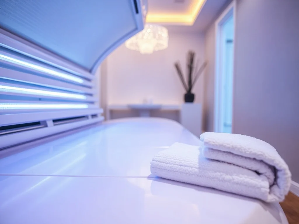 Puste, nowoczesne solarium z otwartym łóżkiem i niebiesko‑fioletowym światłem, sterylnie czyste, profesjonalne wnętrze.