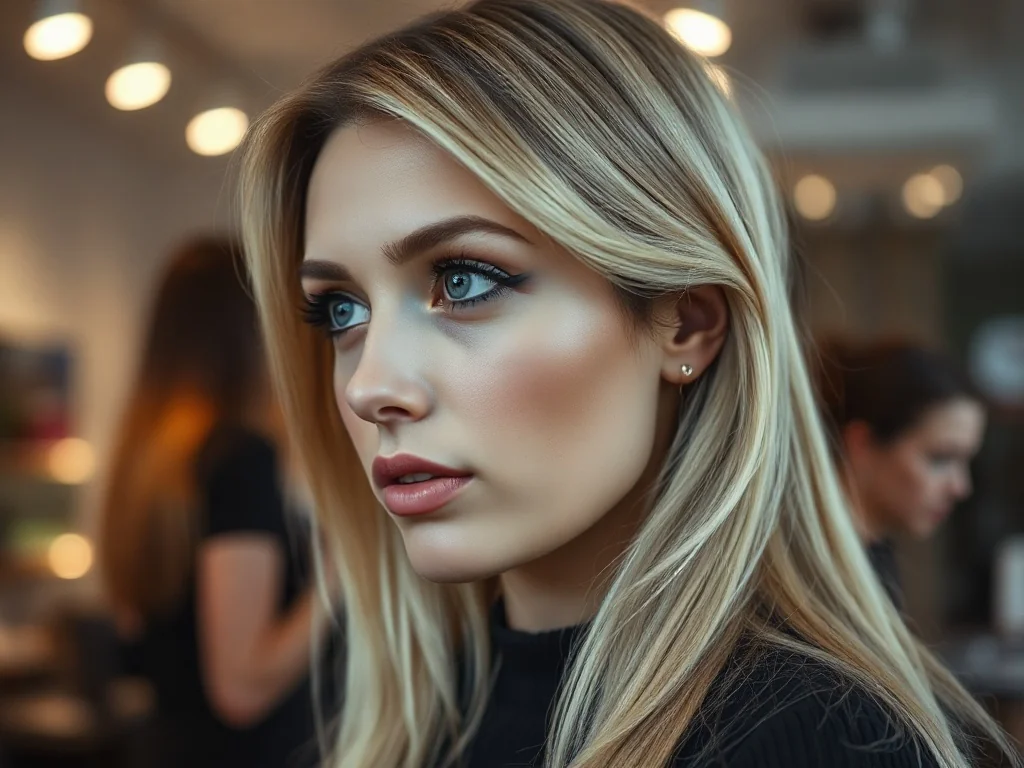 Kobieta z modnym efektem ciemnych odrostów płynnie przechodzących w jasny blond w profesjonalnym salonie fryzjerskim.