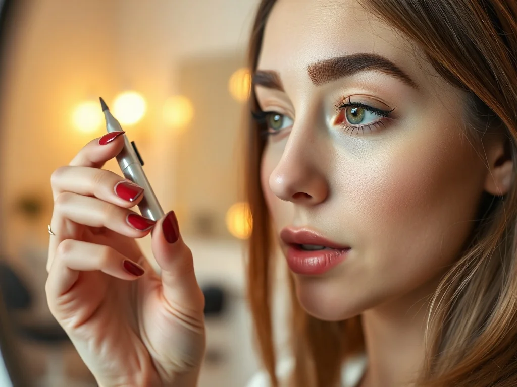 Stylistka wykonująca zabieg makijażu permanentnego brwi w profesjonalnym salonie kosmetycznym.
